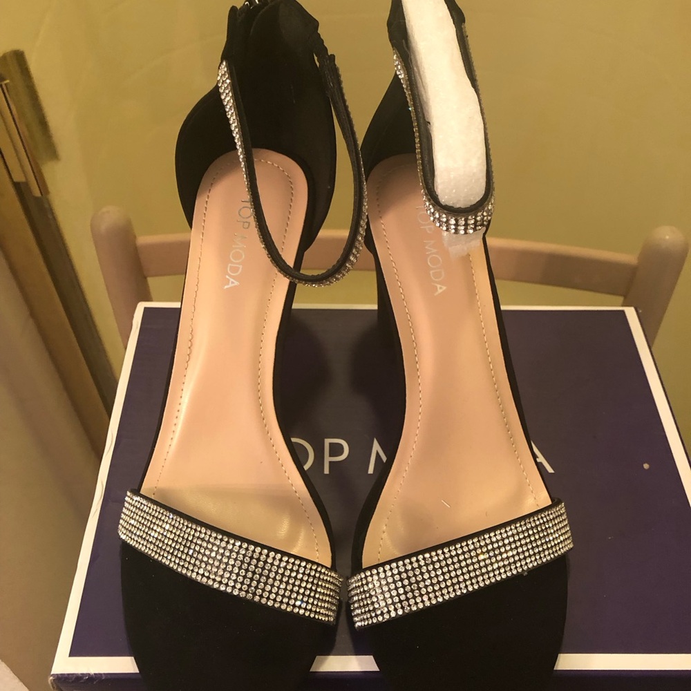 TOP Moda Black Rhinestone Ankle-Strap Block Heels